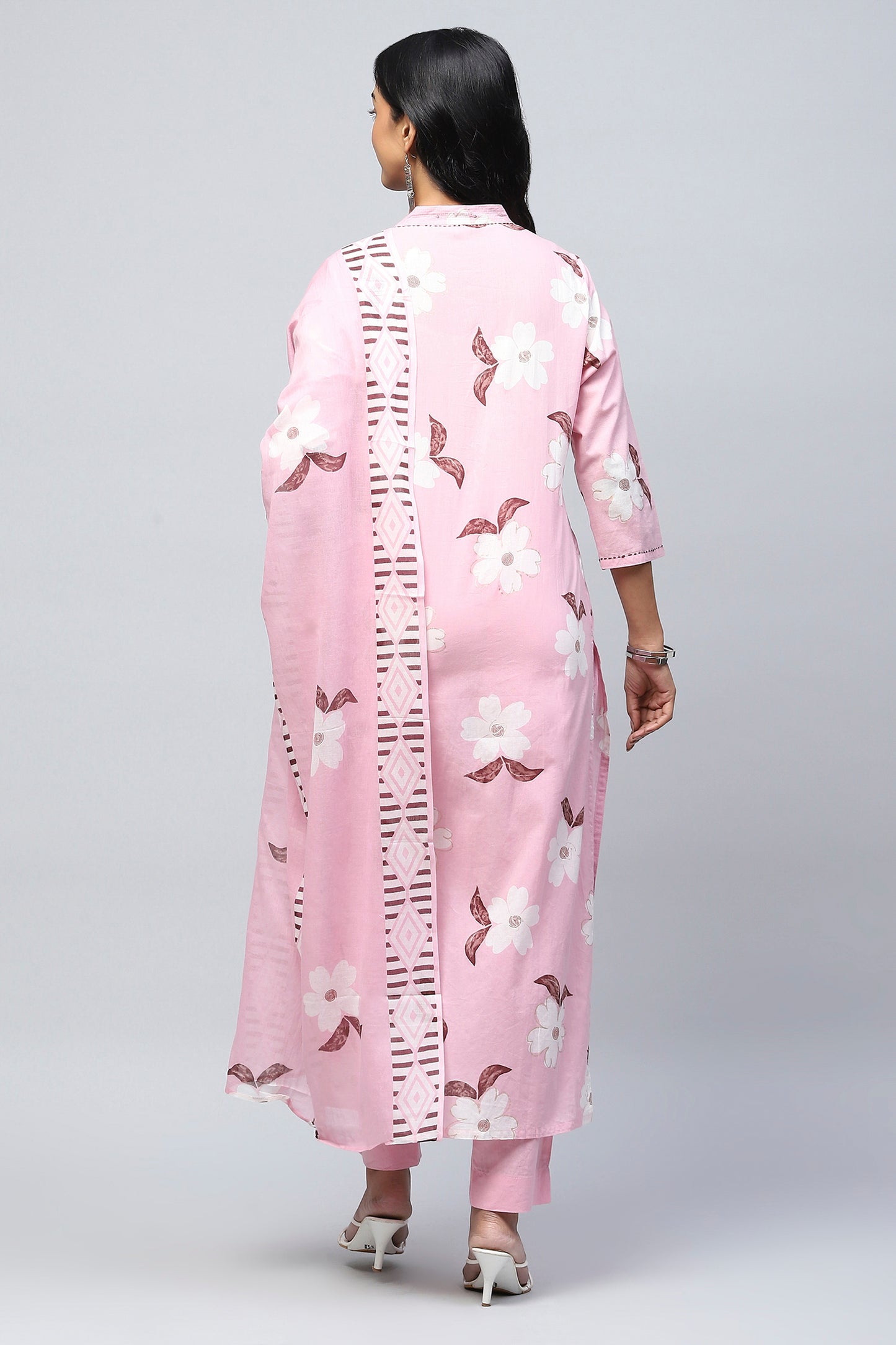 Pink Cotton Printed Suit Set for Women