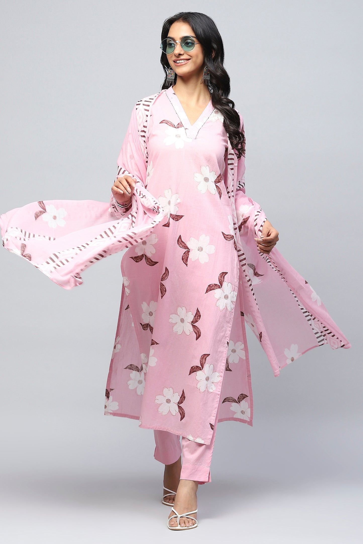 Pink Cotton Printed Suit Set for Women