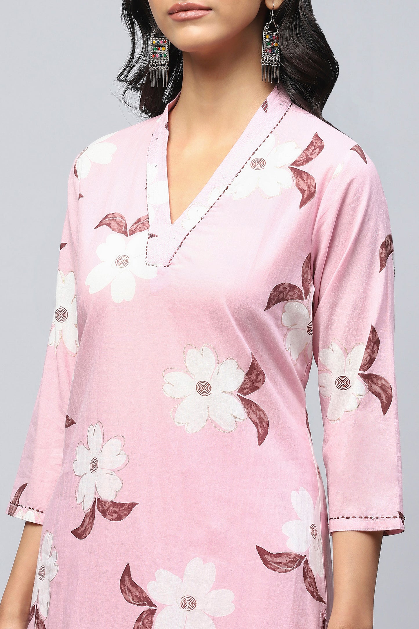 Pink Cotton Printed Suit Set for Women