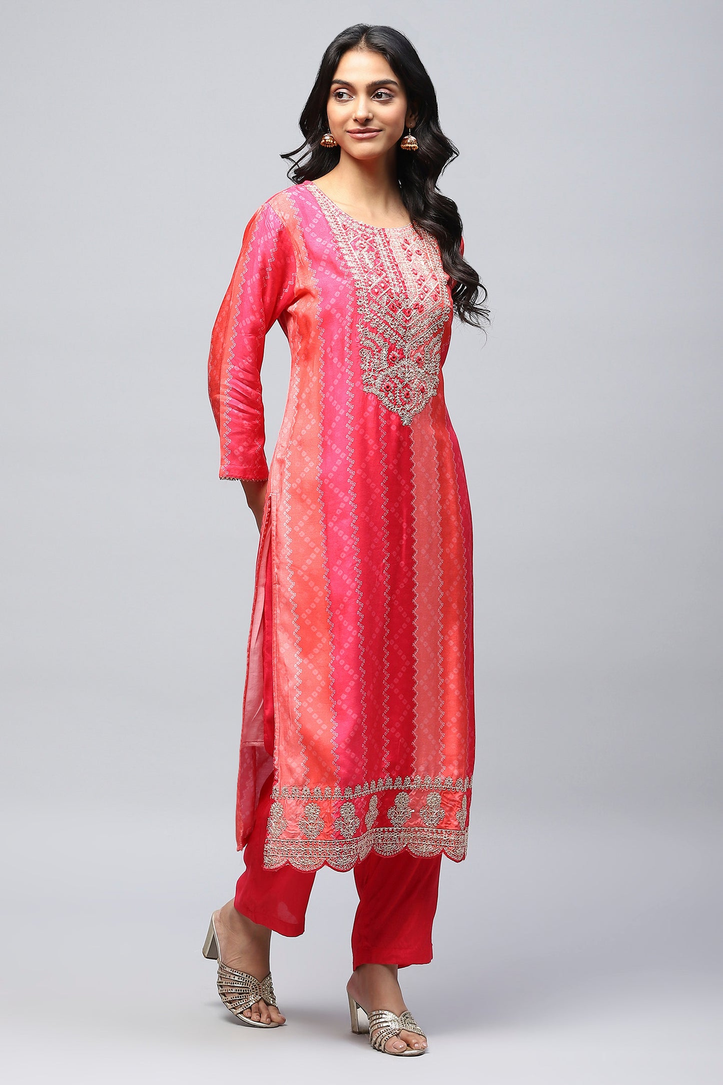 Pink Digital Print Suit Set for Women with Zari Embroidery