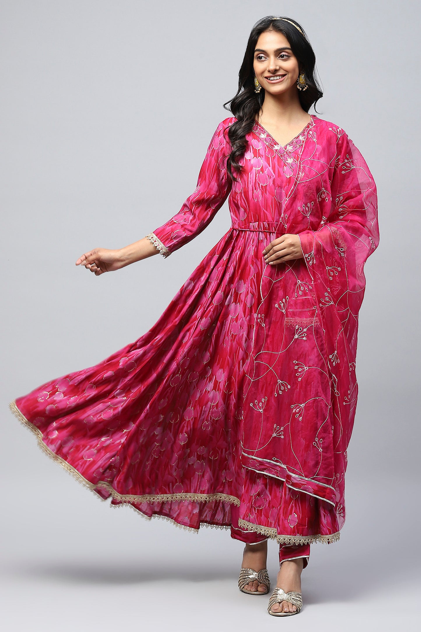 Pink Muslin Angrakha Printed Suit Set for Women