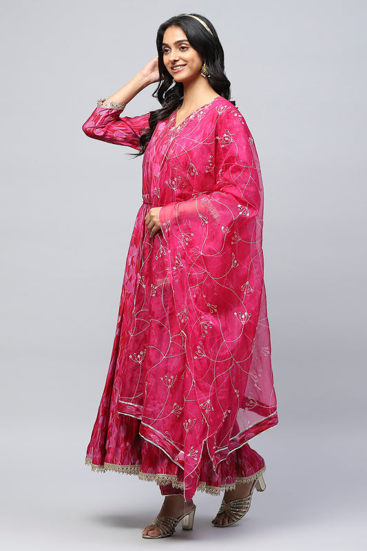 Pink Muslin Angrakha Printed Suit Set for Women