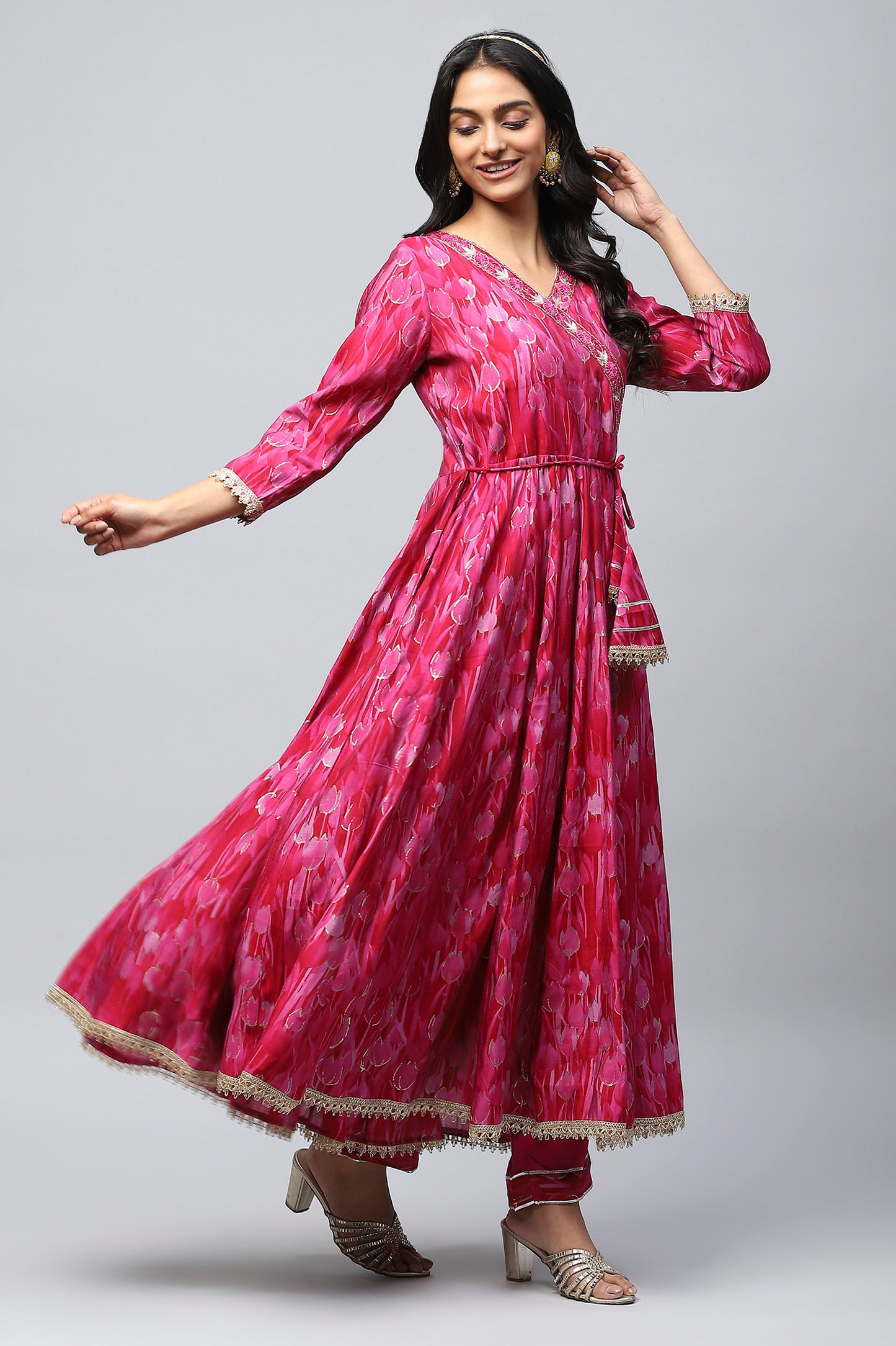 Pink Muslin Angrakha Printed Suit Set for Women