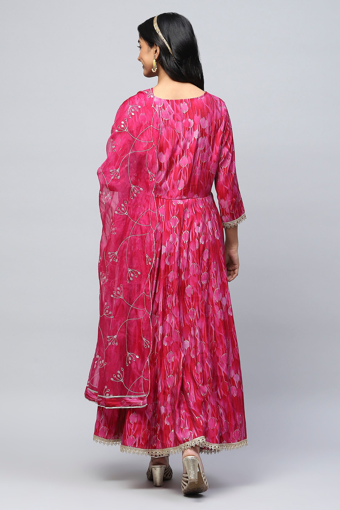 Pink Muslin Angrakha Printed Suit Set for Women