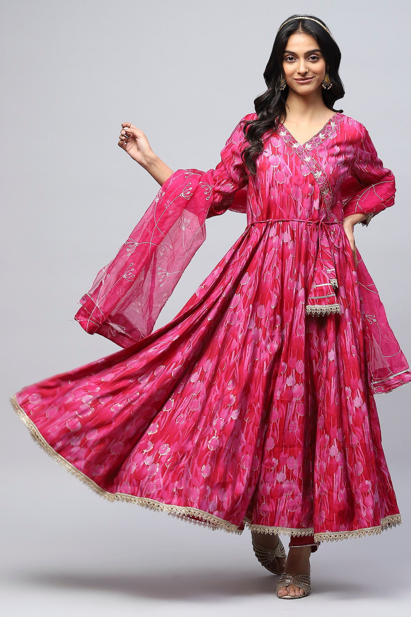 Pink Muslin Angrakha Printed Suit Set for Women