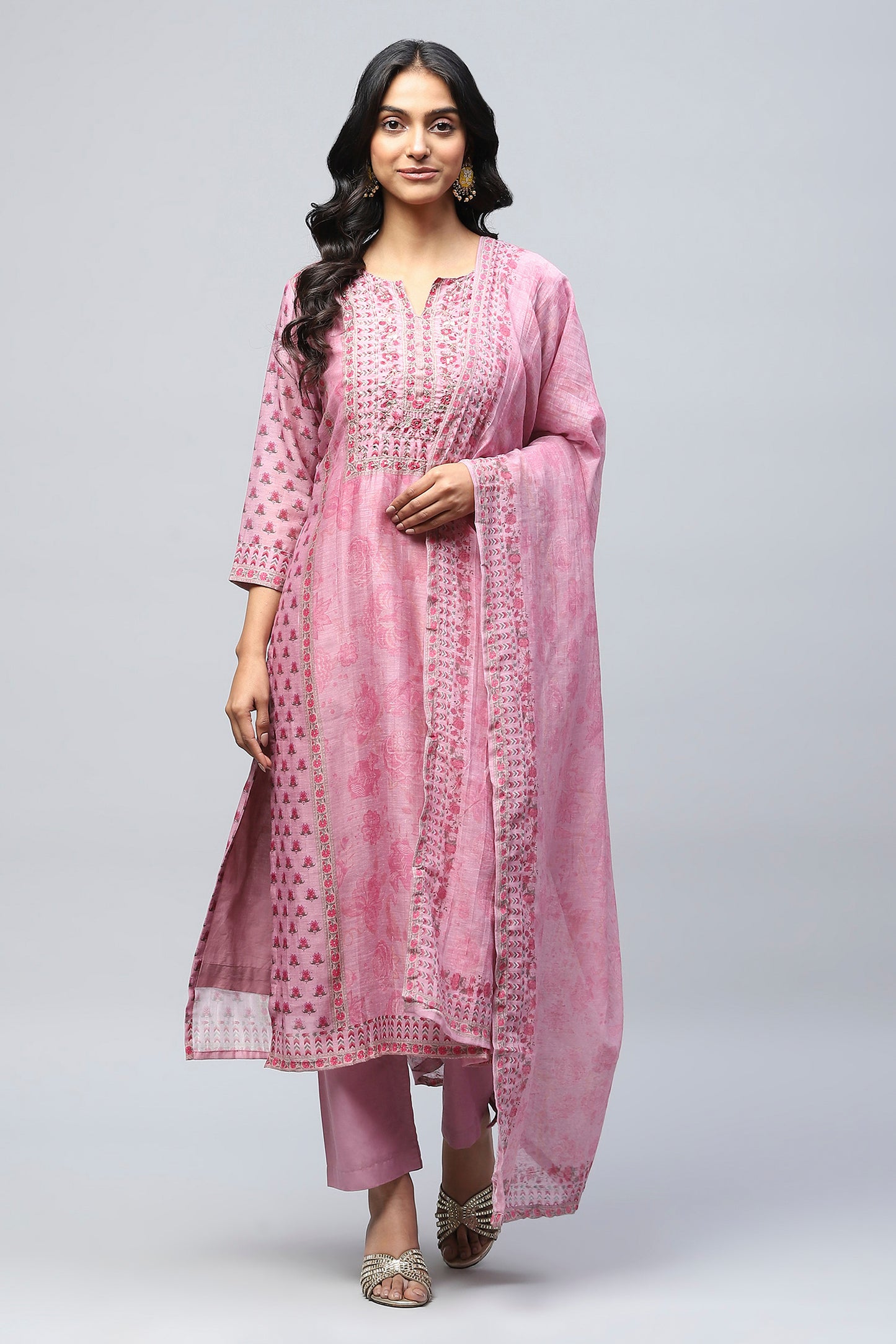 Pink printed suit set with mirror work – Elegant & Traditional