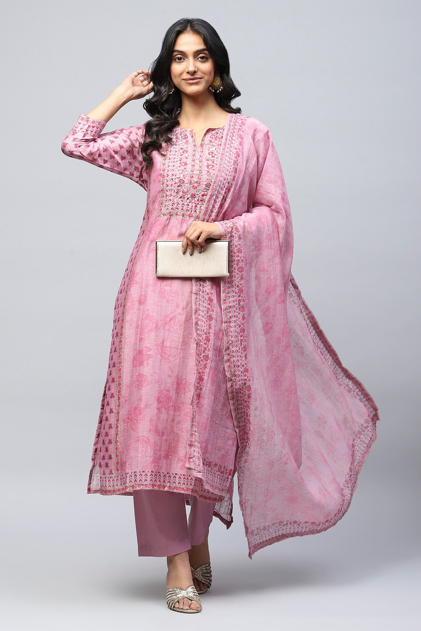 Pink printed suit set with mirror work – Elegant & Traditional