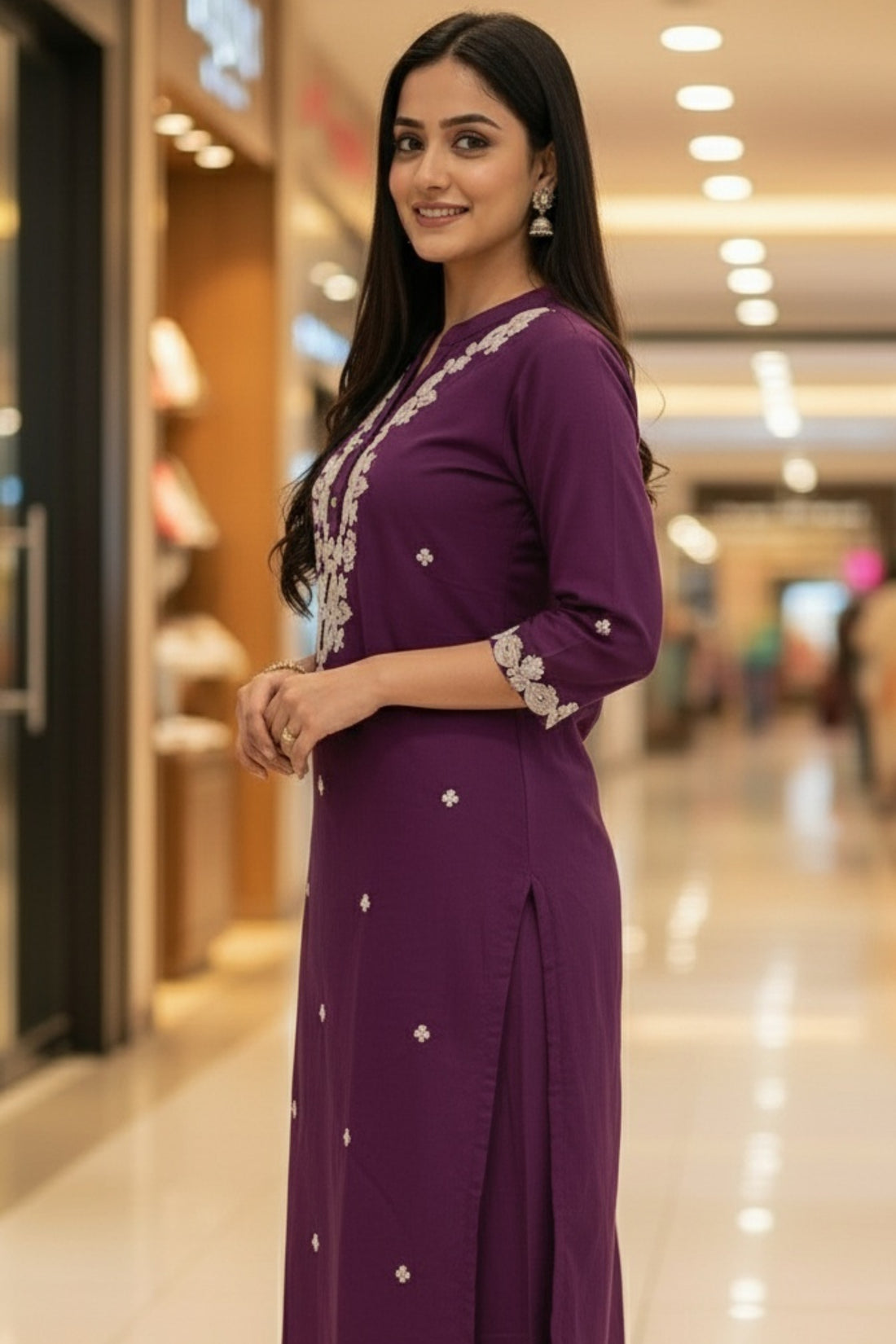 Majestic Wine Kurta Pant Dupatta Set with Fine White Threadwork