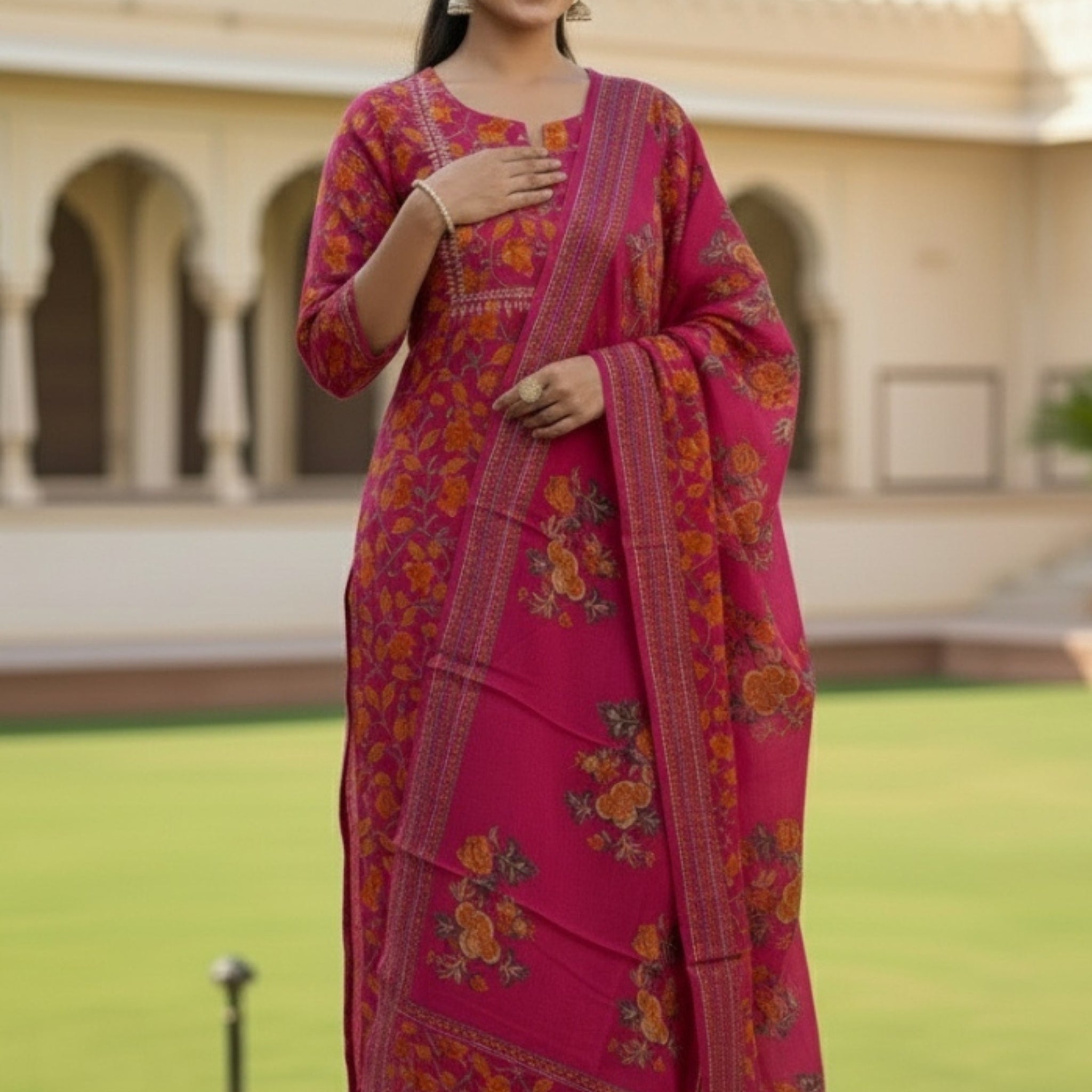 Premium Red Chanderi Ethnic Suit Set with Printed Dupatta