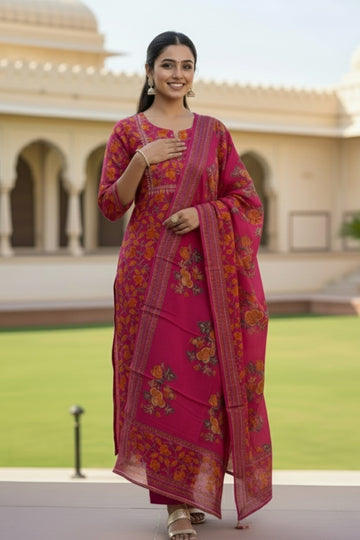 Premium Red Chanderi Ethnic Suit Set with Printed Dupatta