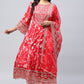 Red Rayon Printed Suite Set For Women