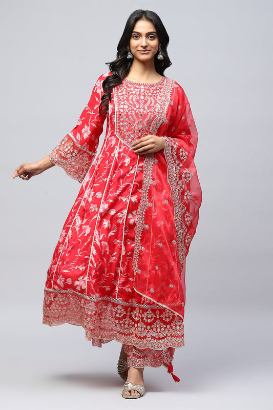 Red Rayon Printed Suite Set For Women