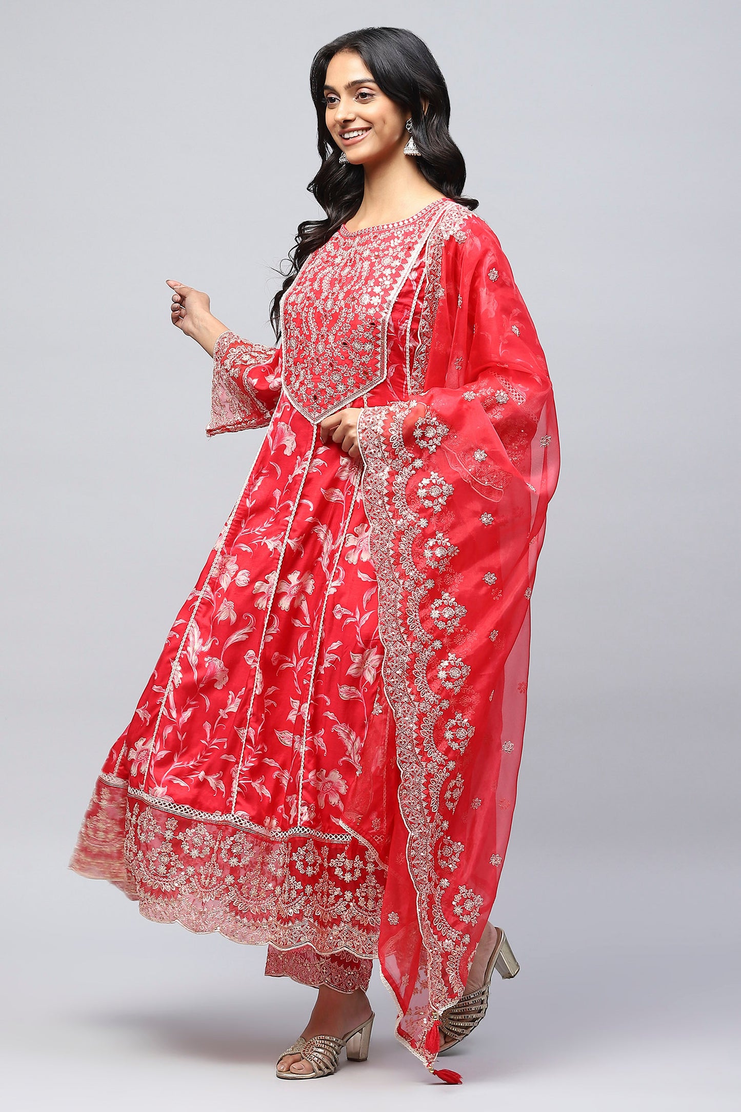 Red Rayon Printed Suite Set For Women