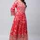 Red Rayon Printed Suite Set For Women