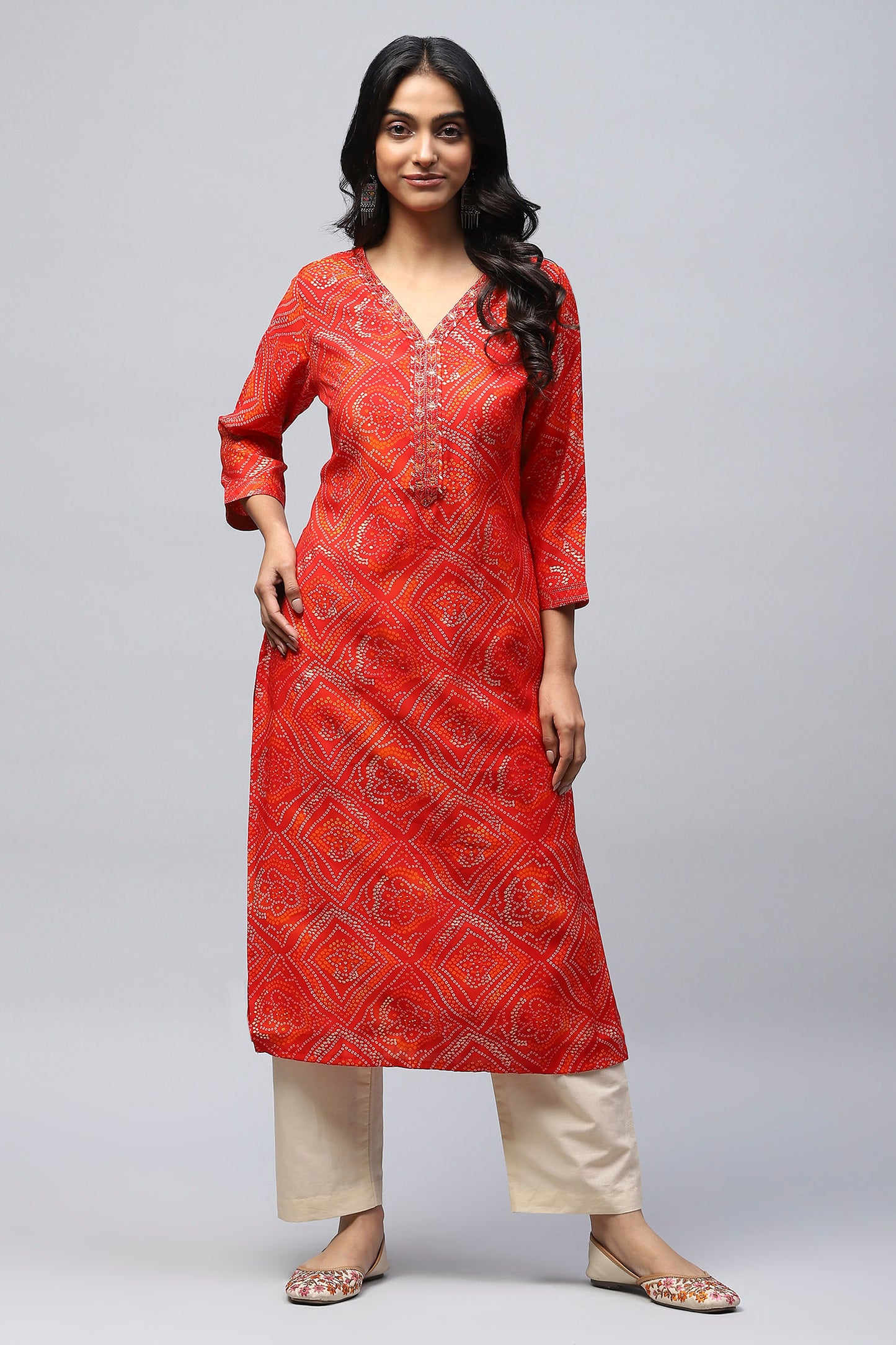 Red Bandhani Muslin Printed Kurta for Women – Traditional & Stylish