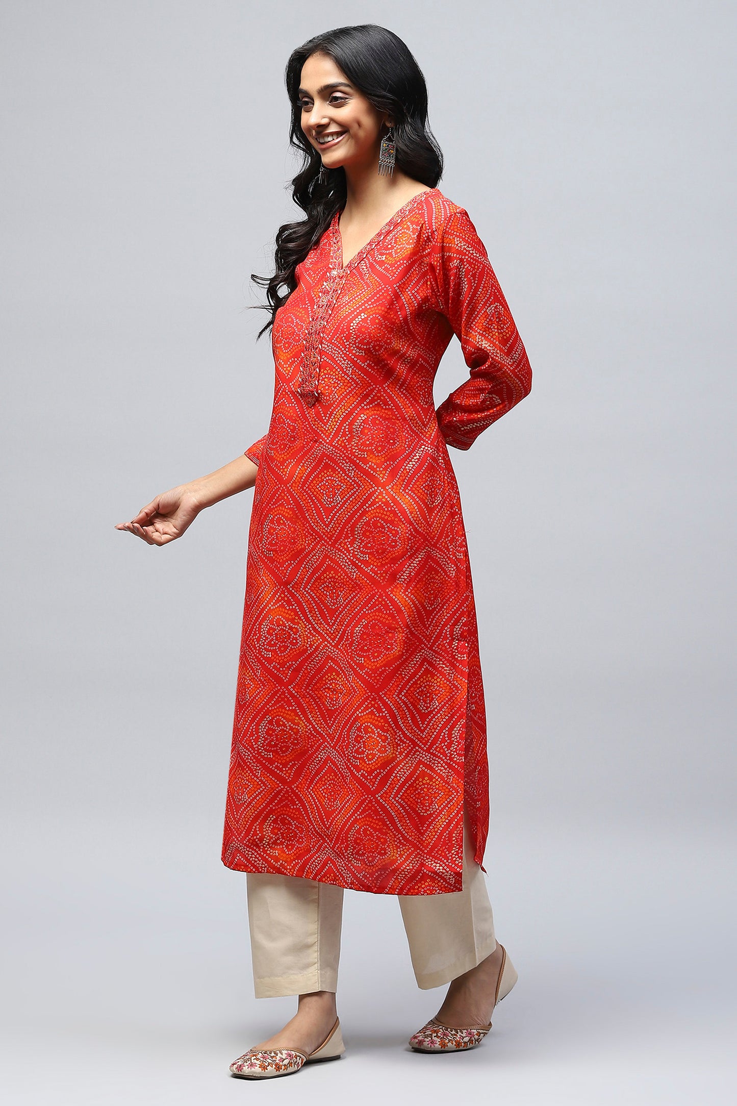 Red Bandhani Muslin Printed Kurta for Women – Traditional & Stylish