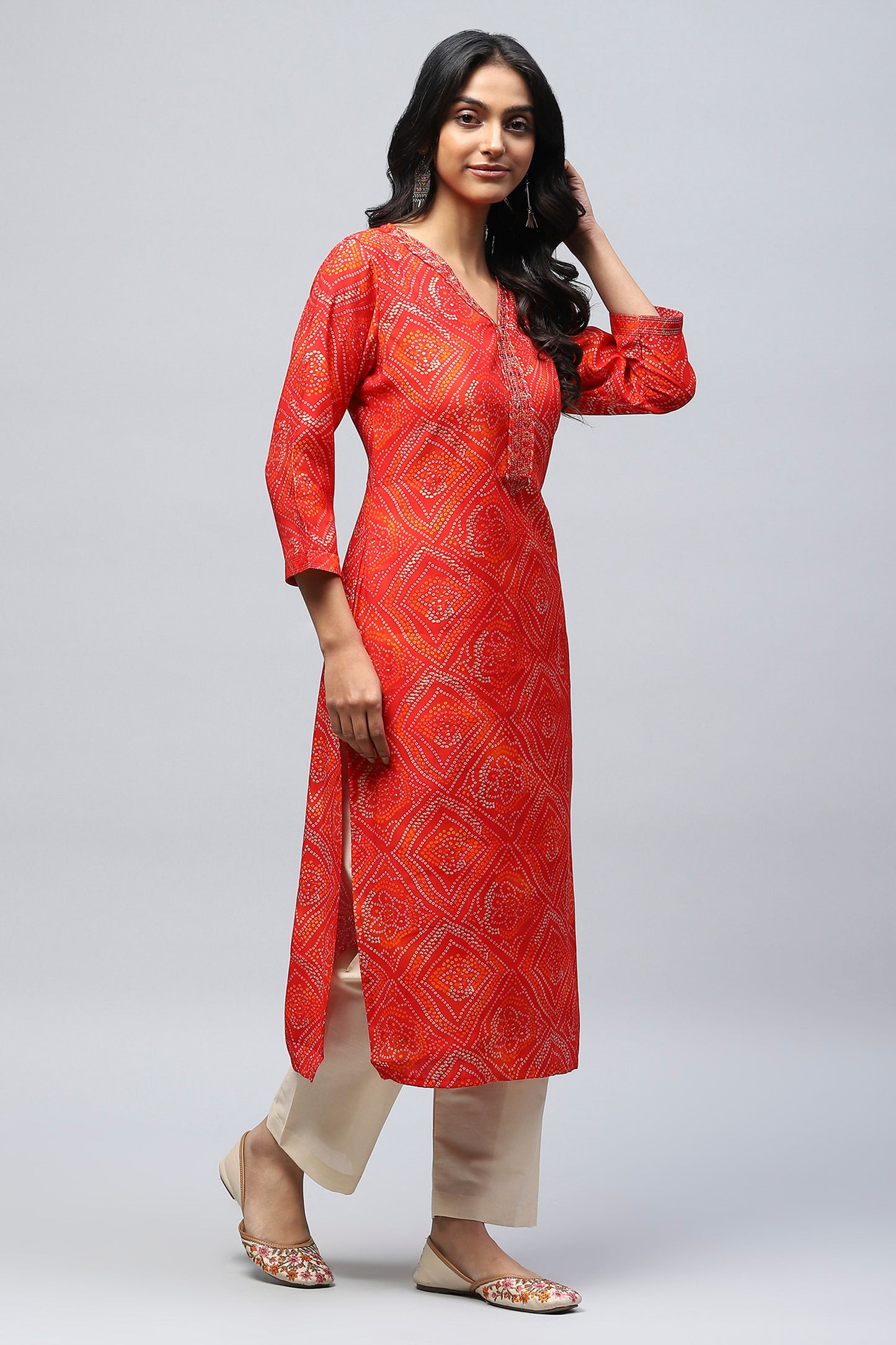 Red Bandhani Muslin Printed Kurta for Women – Traditional & Stylish