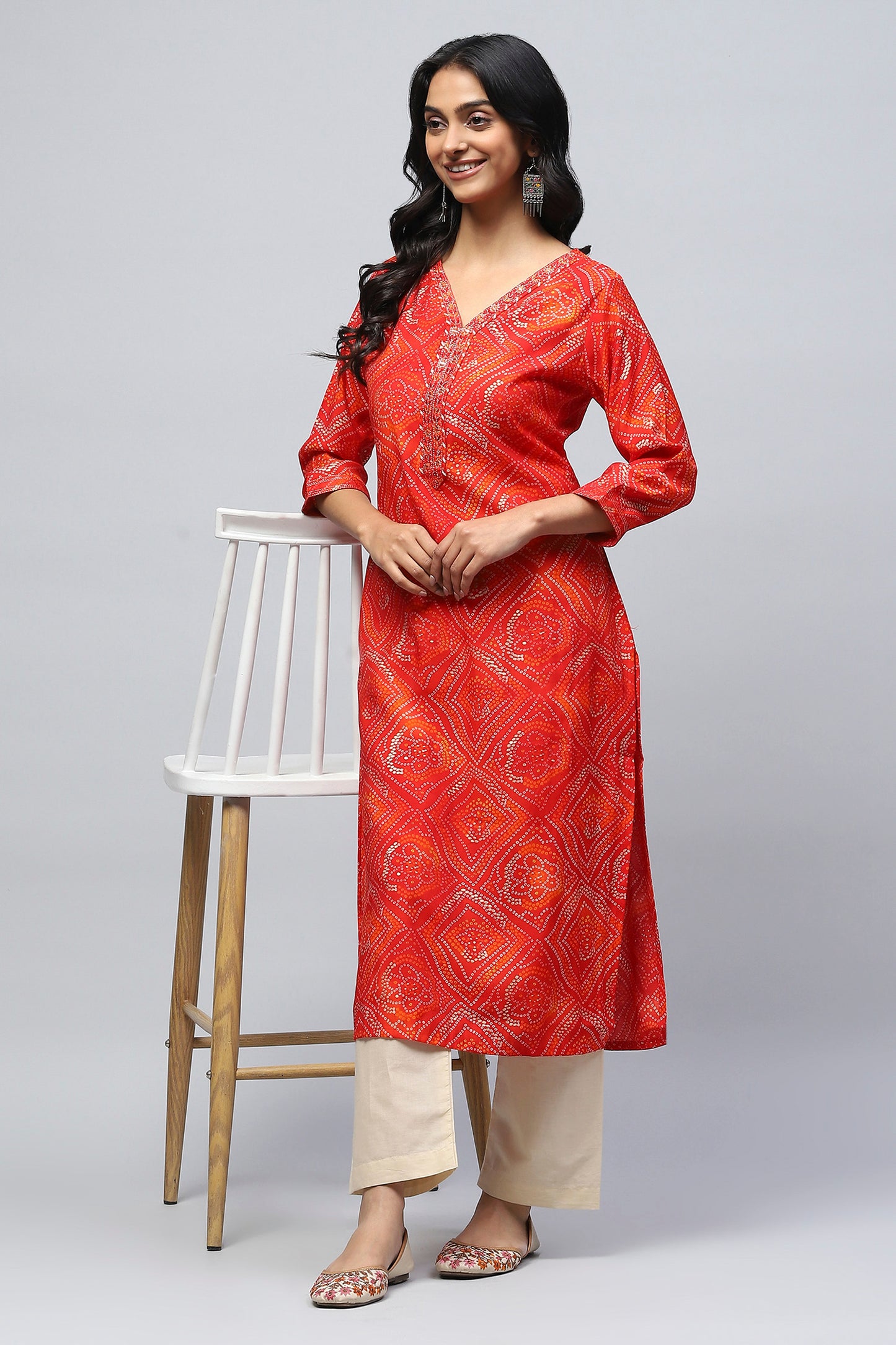 Red Bandhani Muslin Printed Kurta for Women – Traditional & Stylish