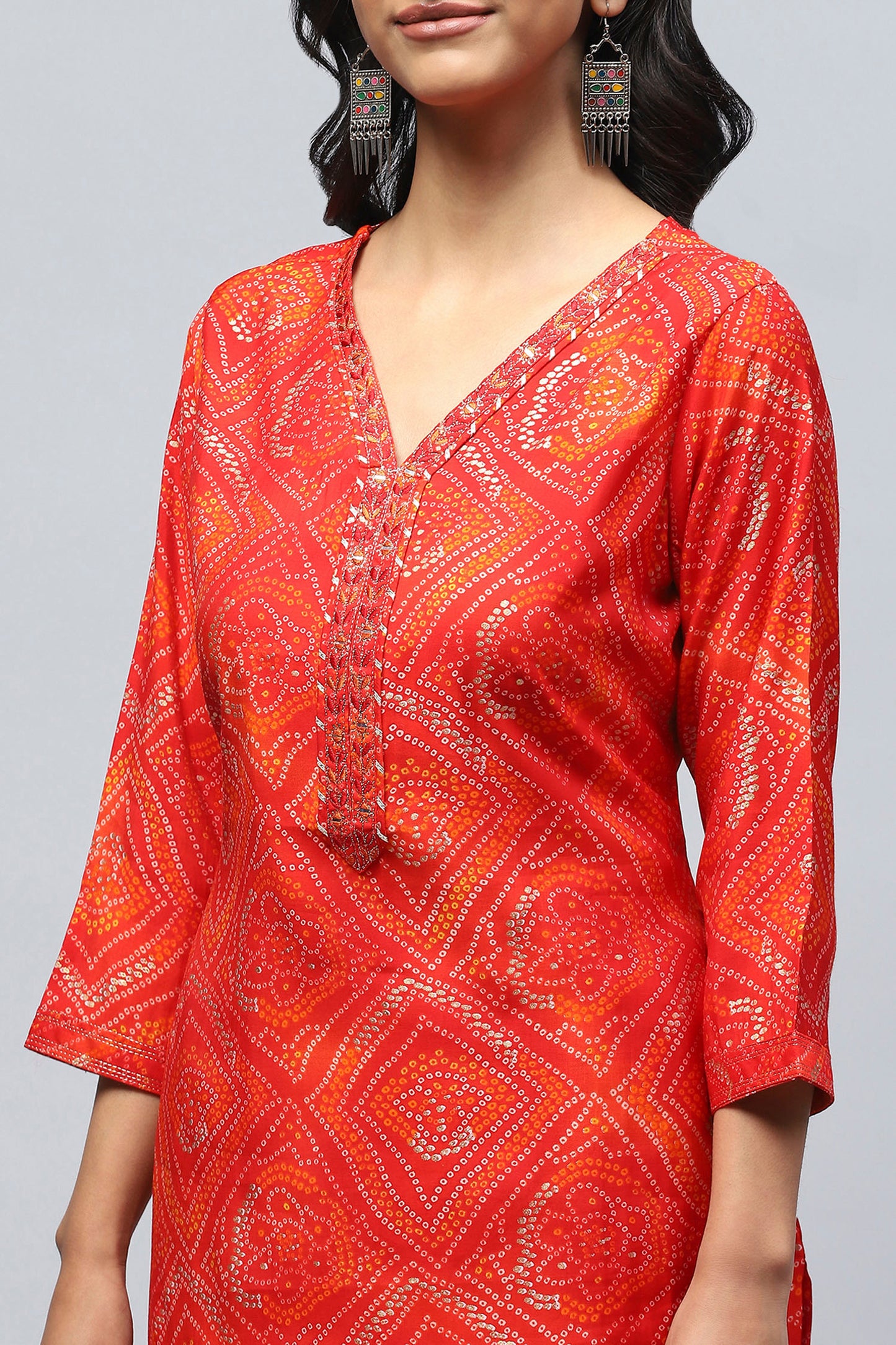 Red Bandhani Muslin Printed Kurta for Women – Traditional & Stylish