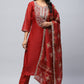 Red Printed Suit Set for Women with Hand Embroidery