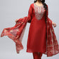 Red Printed Suit Set for Women with Hand Embroidery