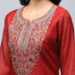 Red Printed Suit Set for Women with Hand Embroidery