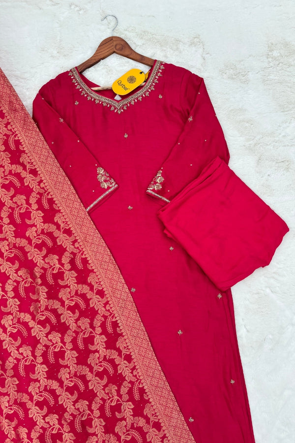Premium Rani Pink Ethnic Suit Set with Golden Zari Embroidery