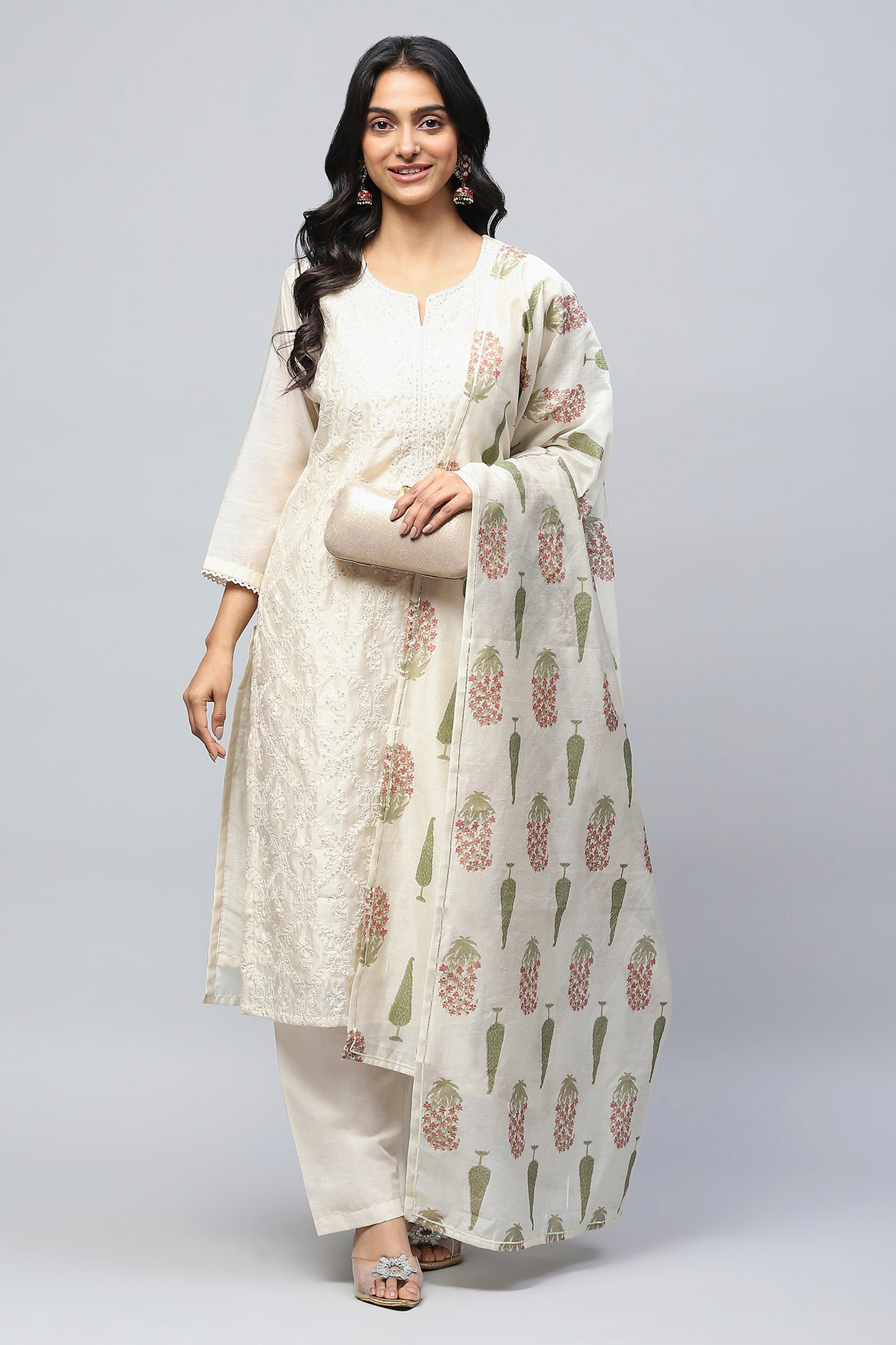 White Embroidered Suit Set for Women