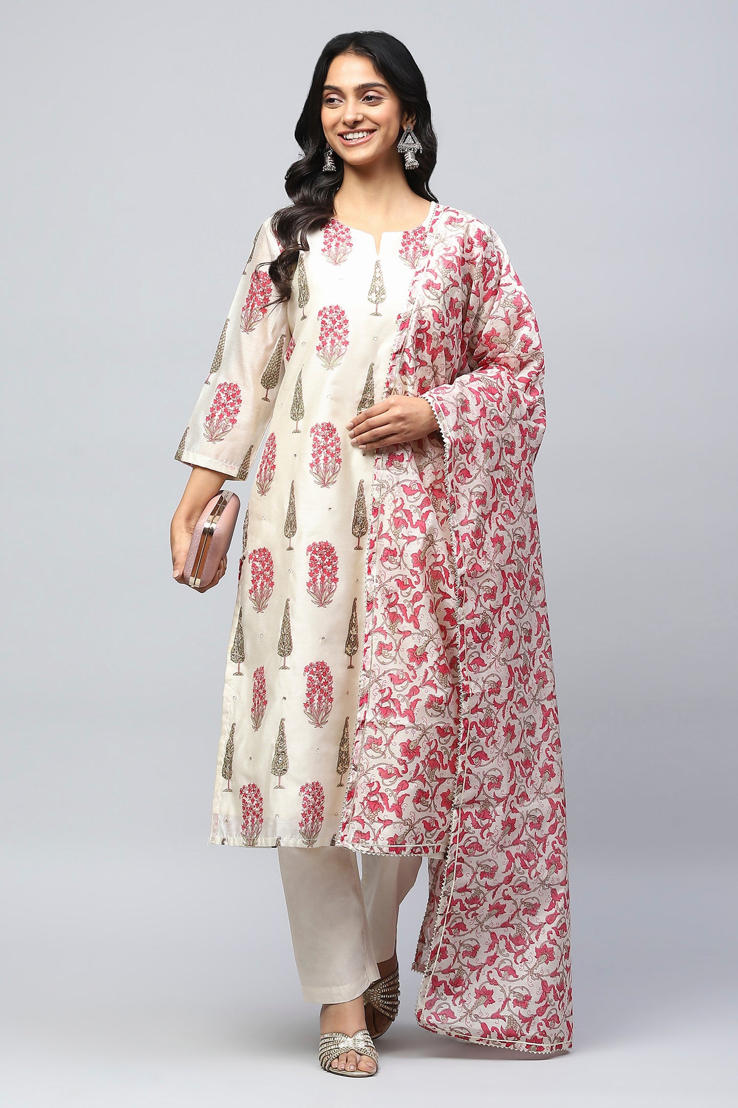 White Printed Suit Set with Mirror Work Embroidery for Women