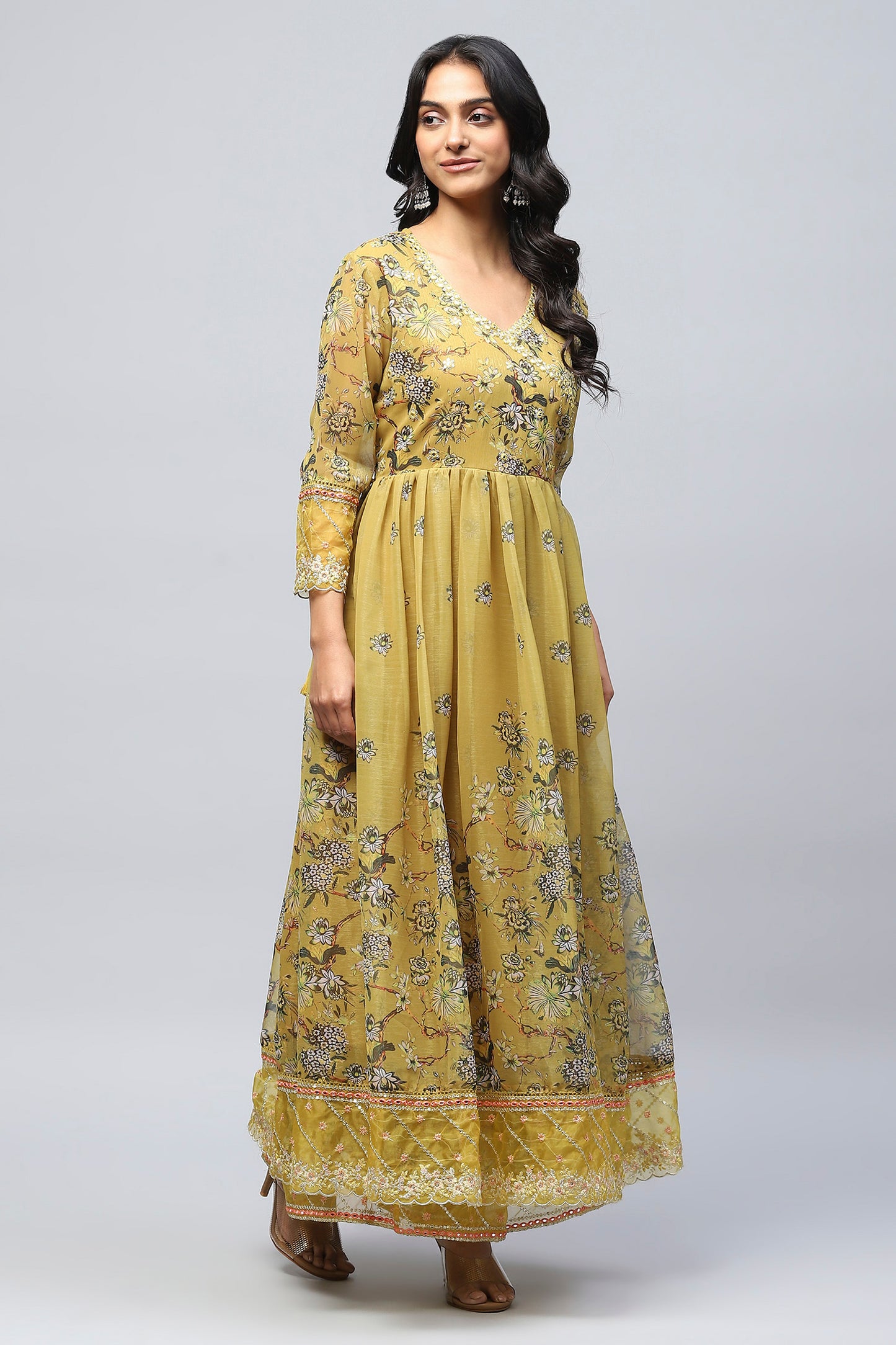 Yellow Angrakha Printed Suit Set for Women