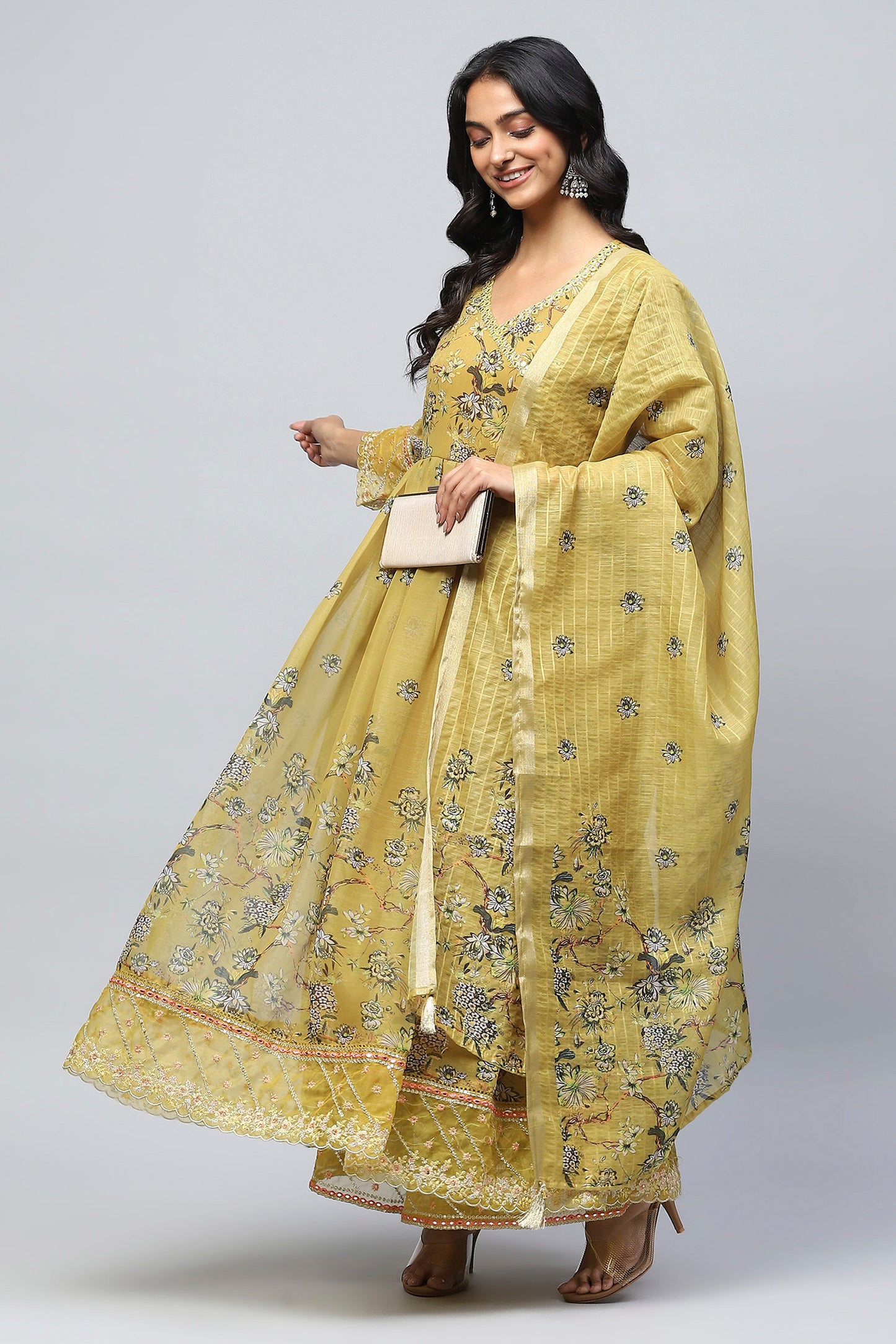 Yellow Angrakha Printed Suit Set for Women