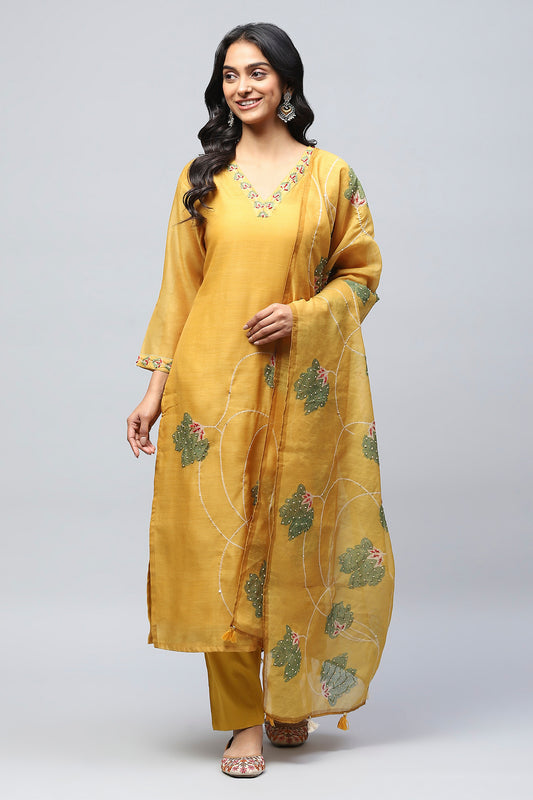 Yellow Digital Print Suit Set for Women with French Knot – Bright & Elegant