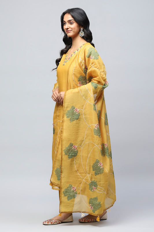 Yellow Digital Print Suit Set for Women with French Knot – Bright & Elegant