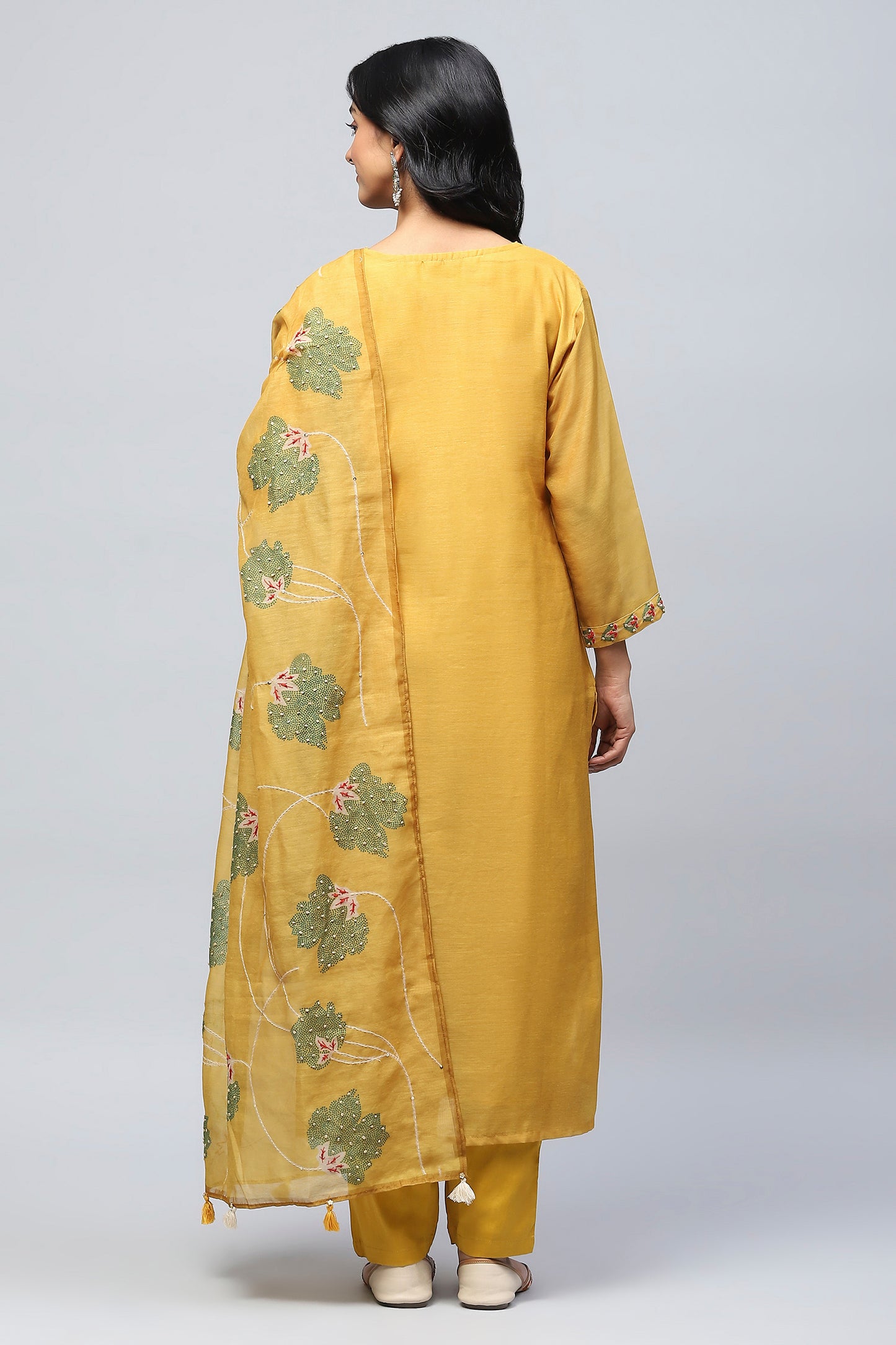 Yellow Digital Print Suit Set for Women with French Knot – Bright & Elegant