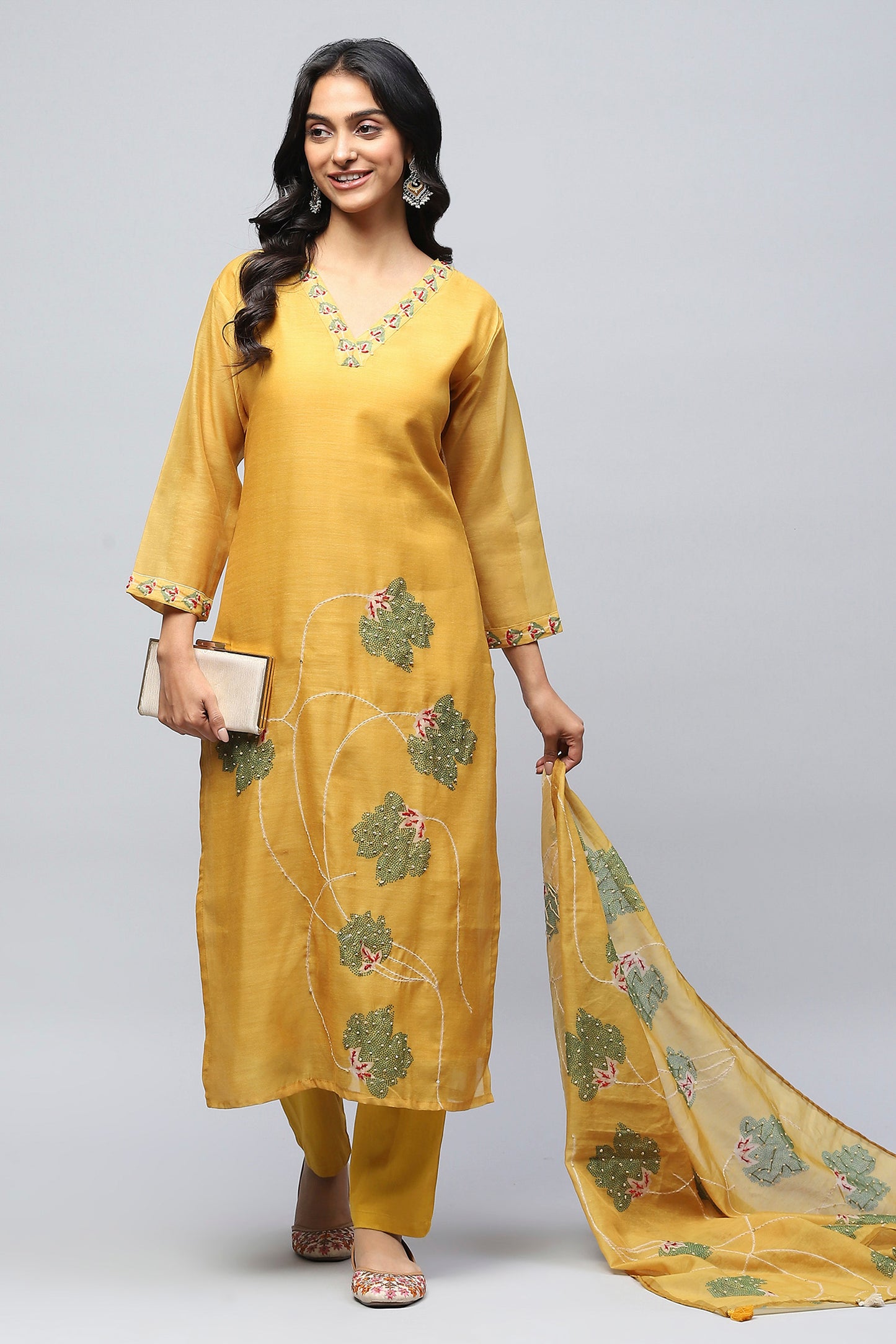 Yellow Digital Print Suit Set for Women with French Knot – Bright & Elegant