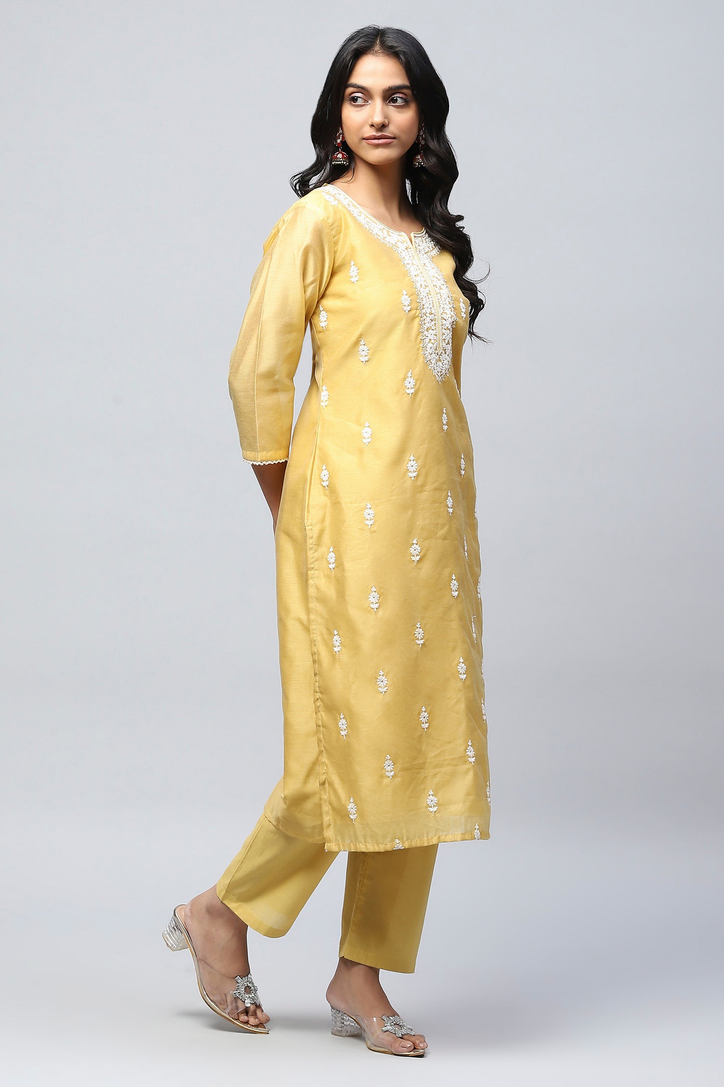 Yellow Embroidered Chanderi Suit Set for Women