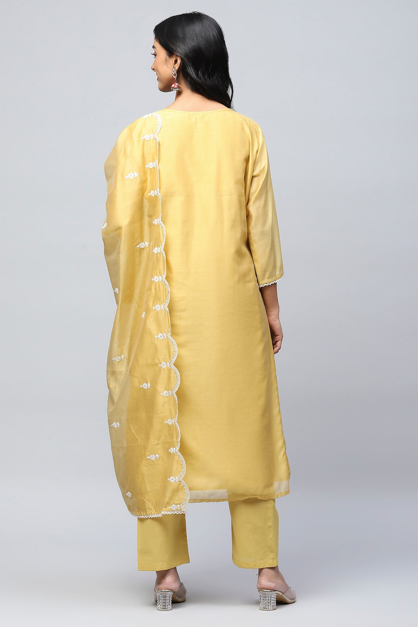 Yellow Embroidered Chanderi Suit Set for Women