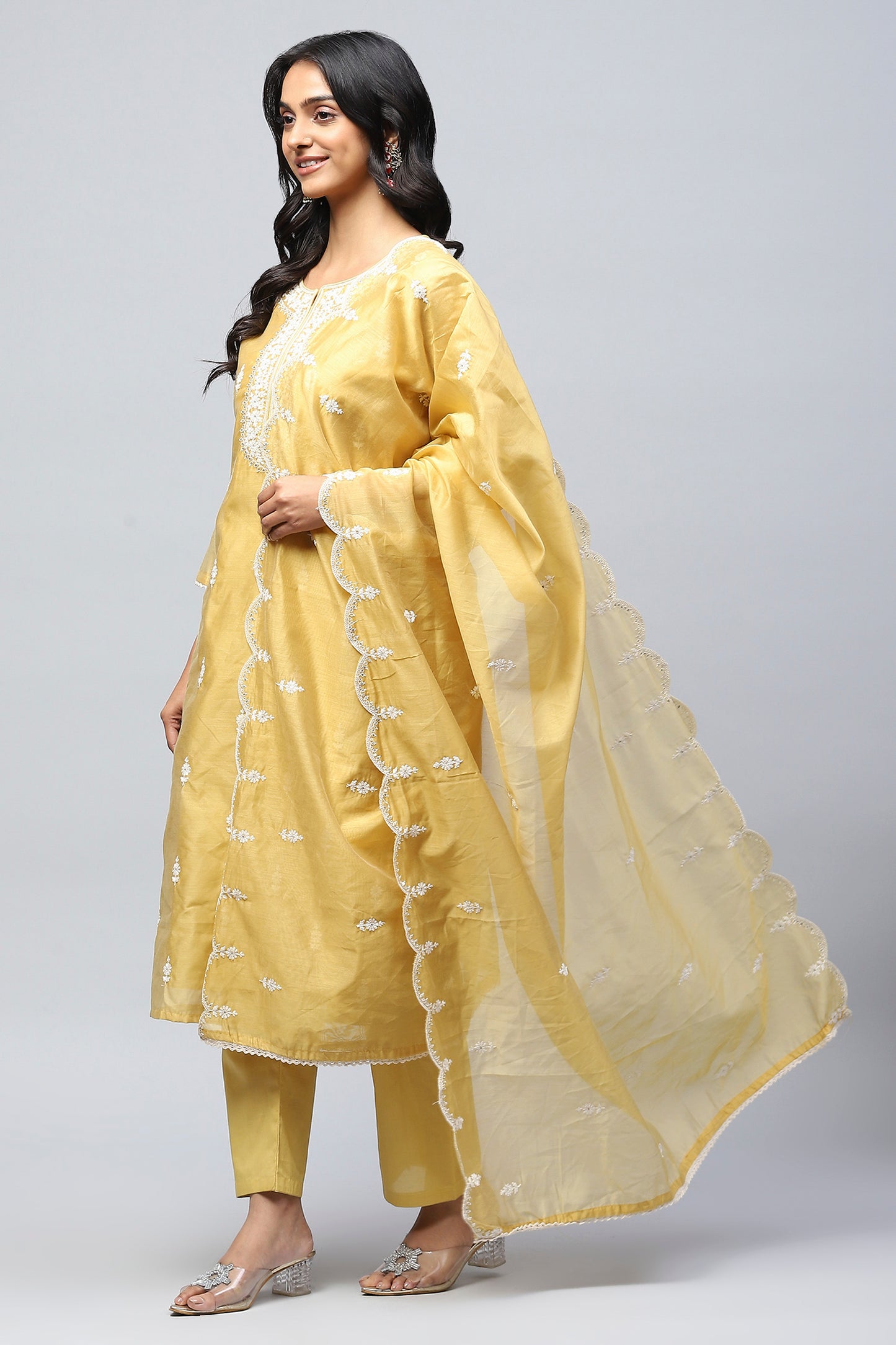 Yellow Embroidered Chanderi Suit Set for Women