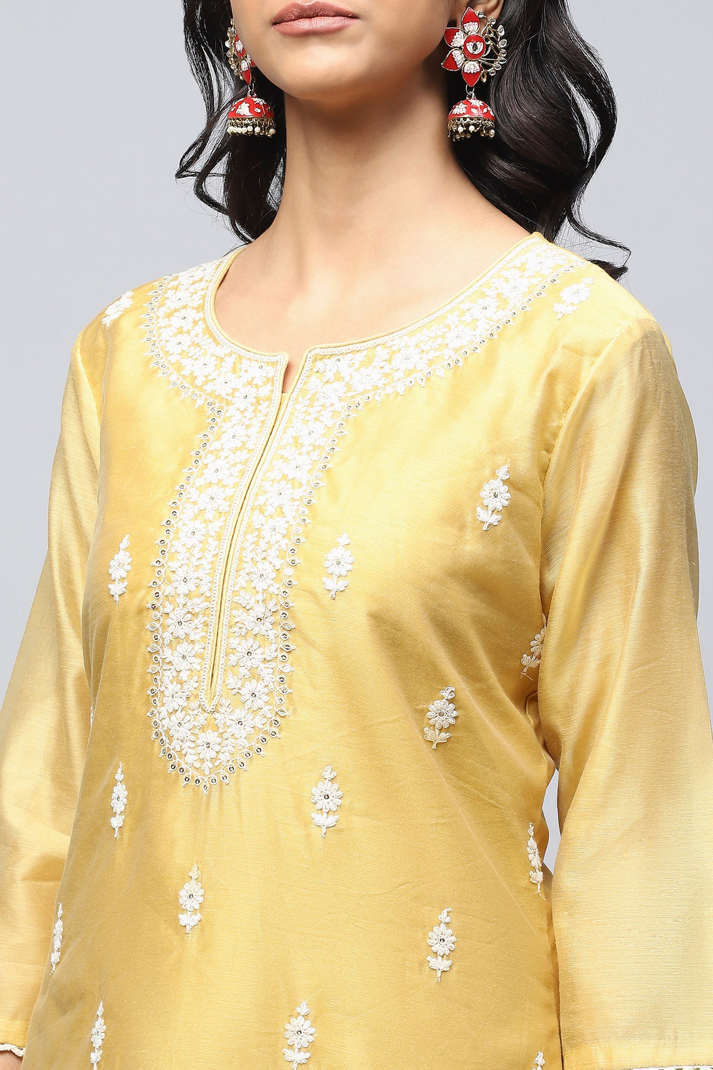 Yellow Embroidered Chanderi Suit Set for Women