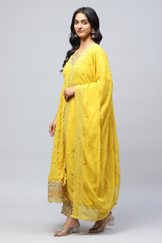 Yellow Embroidered Suit Set for Women