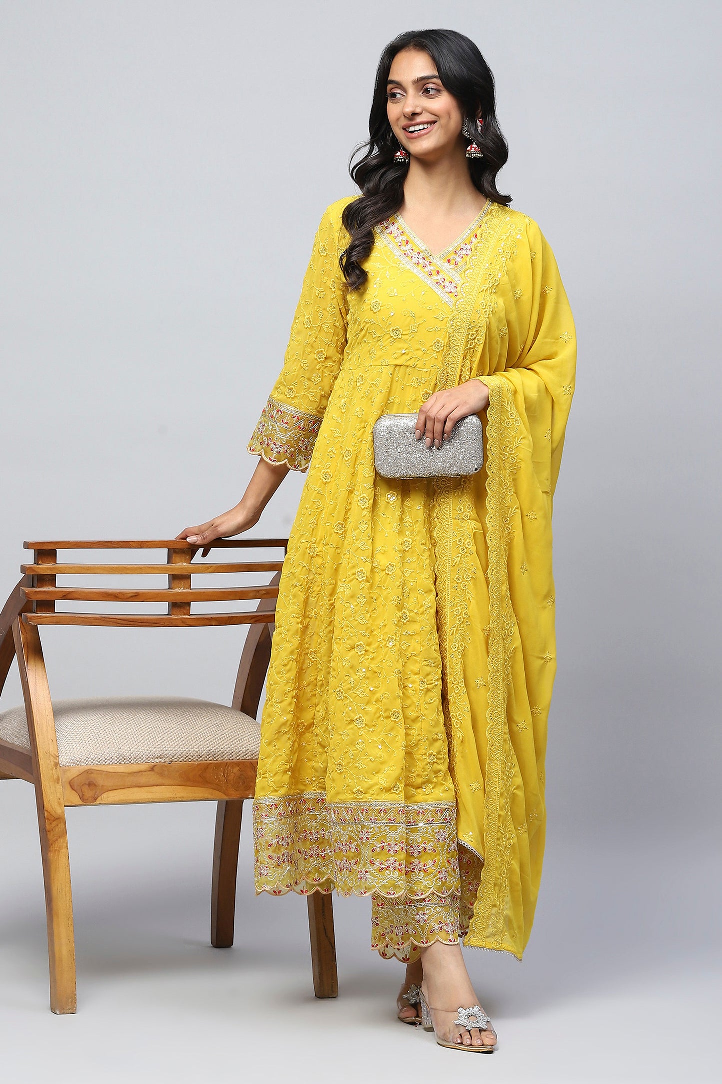 Yellow Embroidered Suit Set for Women