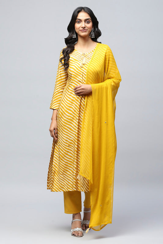 Yellow Leheriya Printed Suit Set for Women – Vibrant & Traditional