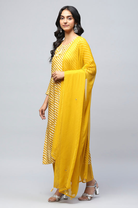 Yellow Leheriya Printed Suit Set for Women – Vibrant & Traditional