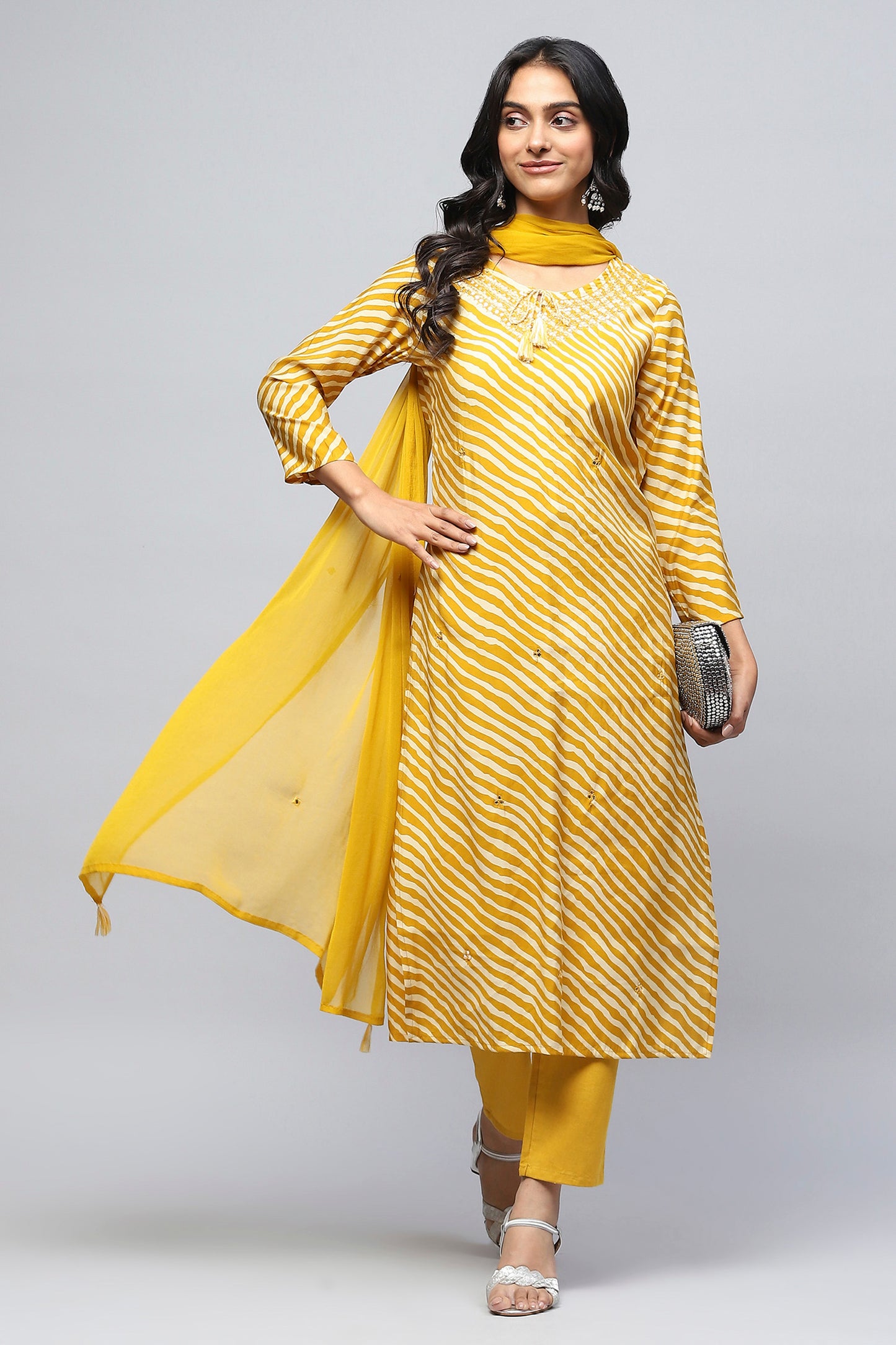 Yellow Leheriya Printed Suit Set for Women – Vibrant & Traditional