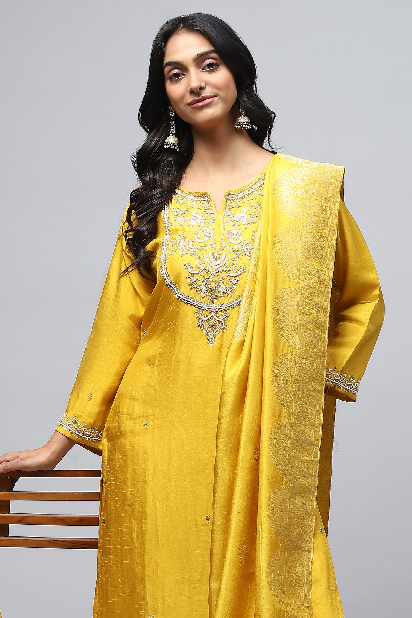 Yellow Neck Embroidered Suit Set for Women – Bright & Elegant