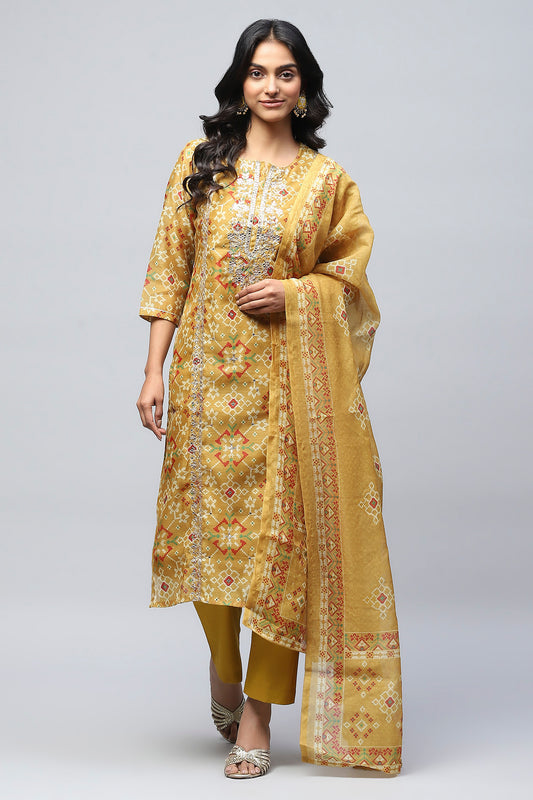 Yellow Printed Suit Set for Women with Hand Embroidery