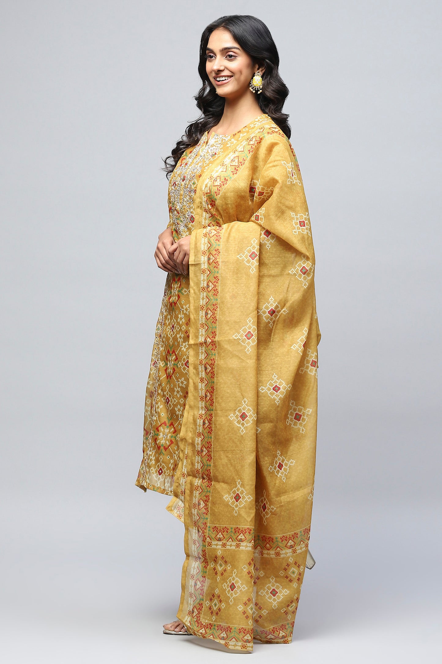 Yellow Printed Suit Set for Women with Hand Embroidery