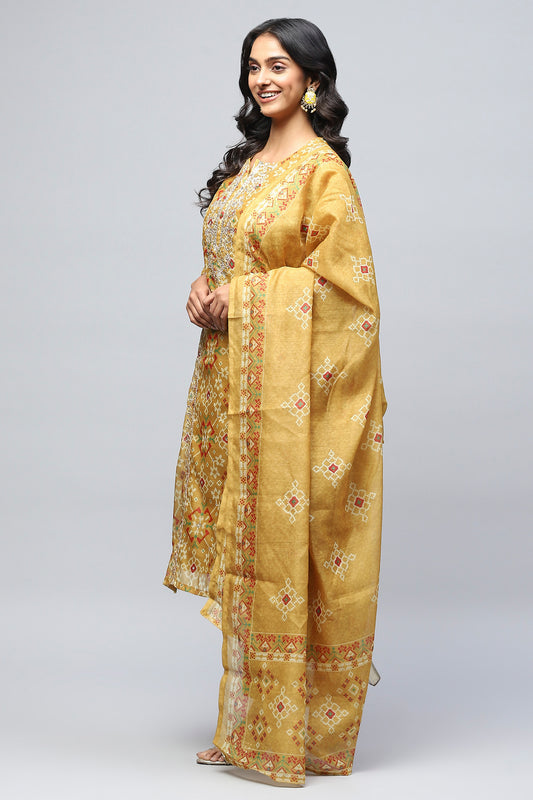 Yellow Printed Suit Set for Women with Hand Embroidery