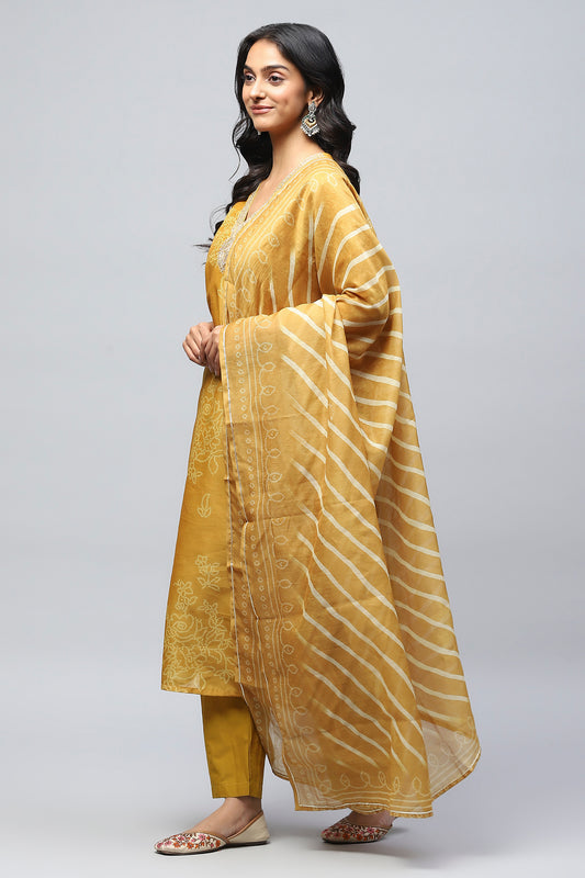 Yellow Printed Suit Set for Women with Hand Embroidery