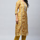 Yellow Printed Suit Set for Women with Hand Embroidery